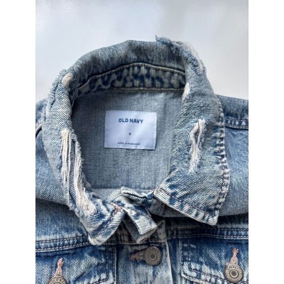 Old Navy Women's Lightwash Denim Long Sleeve Distressed Jean Jacket Size Small - Picture 2 of 3